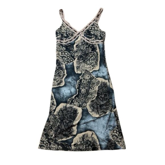 Y2K Vintage Be Cool Abstract print lace print and trim midi dress black tan med - Picture 1 of 7